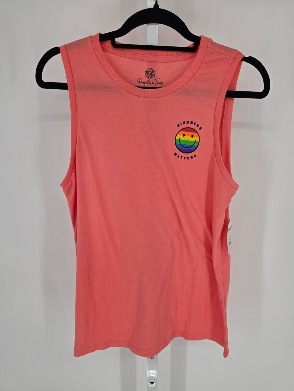 Positive Tees Womens Sz M Tank Top Kindness Matters Smiley Face Coral NEW